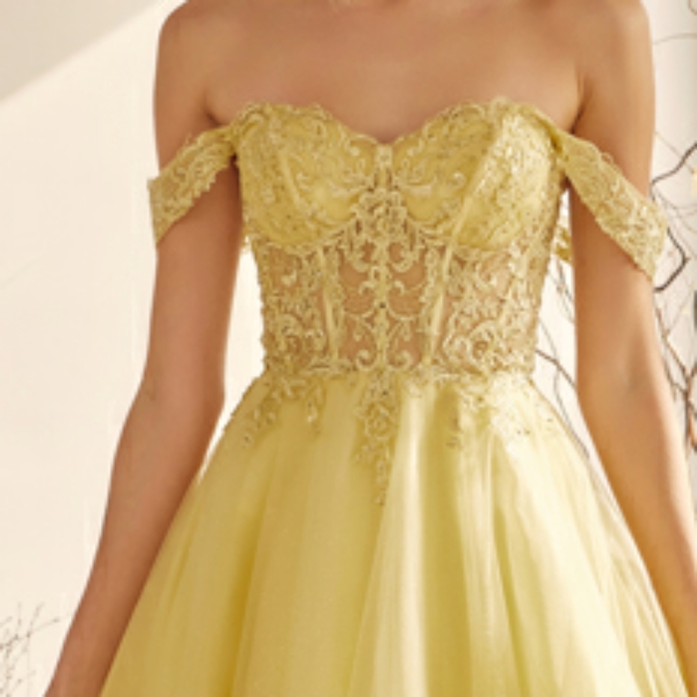 New long navy, royal, yellow, off the shoulder embroidered tulle ball gown dress - Picture 3 of 13